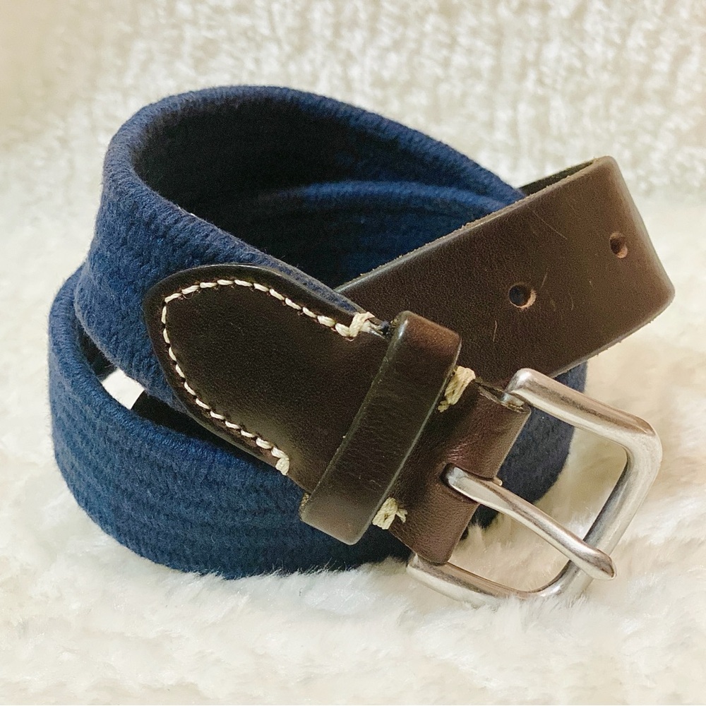 J. Crew Woven Elastic Belt in Navy with Brown 100% Leather Tabs